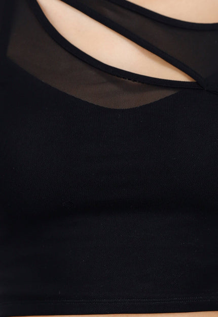 NEW250326 Zwarte Mesh Crop Top met Korte Mouw