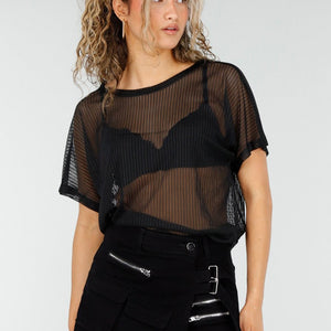 NEW250326 Zwarte Mesh Top met Korte Mouwen