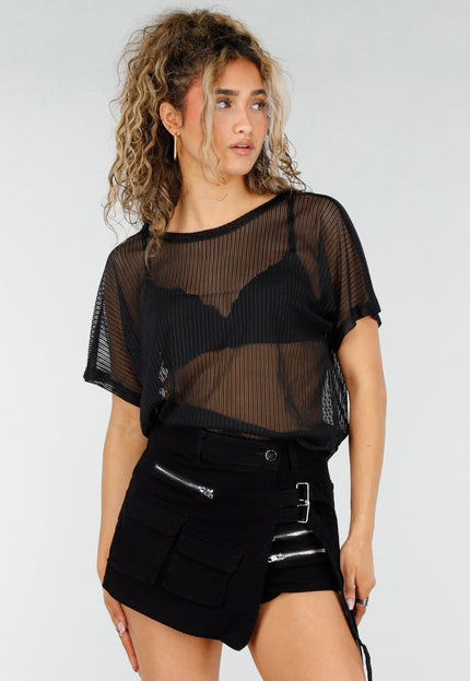 NEW250326 Zwarte Mesh Top met Korte Mouwen
