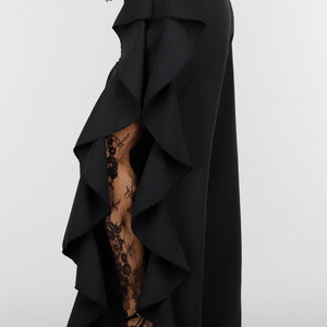 NEW250326 Zwarte Wide Leg Broek met Ruffle en Kant
