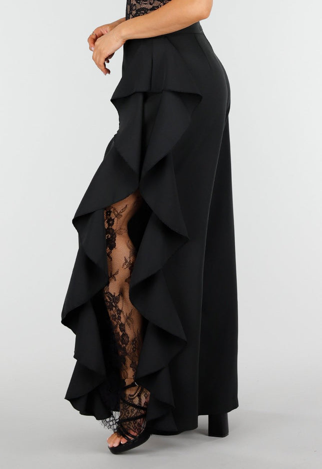 NEW250326 Zwarte Wide Leg Broek met Ruffle en Kant