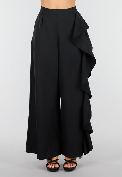 NEW250326 Zwarte Wide Leg Broek met Ruffle en Kant