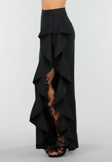 NEW250326 Zwarte Wide Leg Broek met Ruffle en Kant
