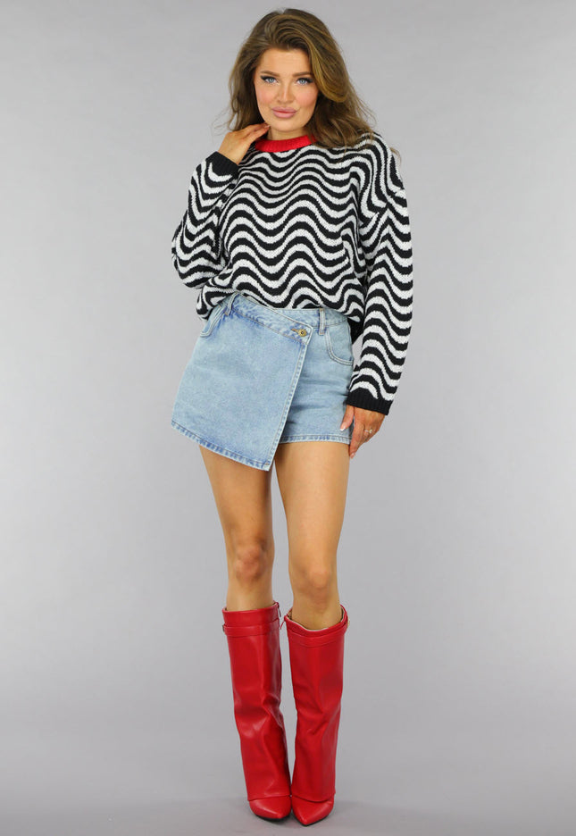 NEW2509 Gebreide Wavy Trui met Rood Detail