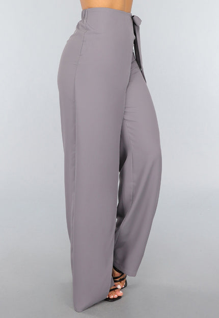 OP=OP.49.S Grijze Pantalon met Wijde Pijpen en Strikdetail