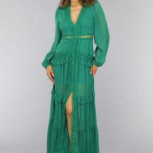 NEW2509 Groene Ruffle Jurk met Pofmouwen