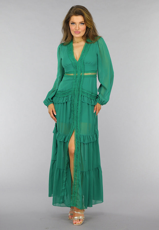 NEW2509 Groene Ruffle Jurk met Pofmouwen