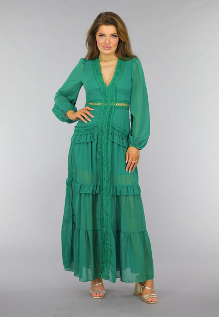 NEW2509 Groene Ruffle Jurk met Pofmouwen