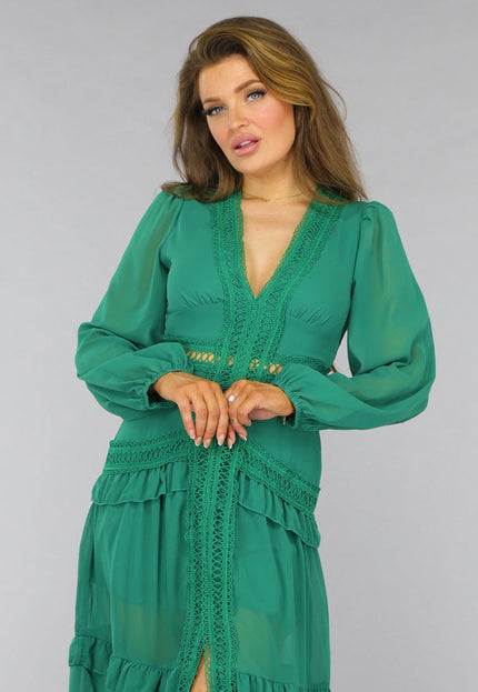 NEW2509 Groene Ruffle Jurk met Pofmouwen