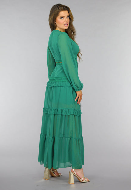 NEW2509 Groene Ruffle Jurk met Pofmouwen