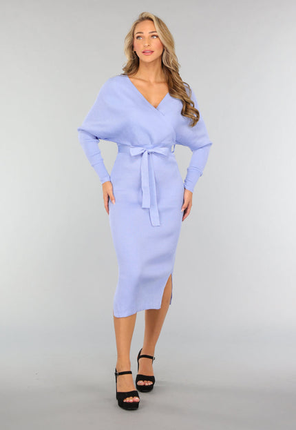 NEW2509 Lichtblauwe Ribstof Overslag Jurk met Ceintuur