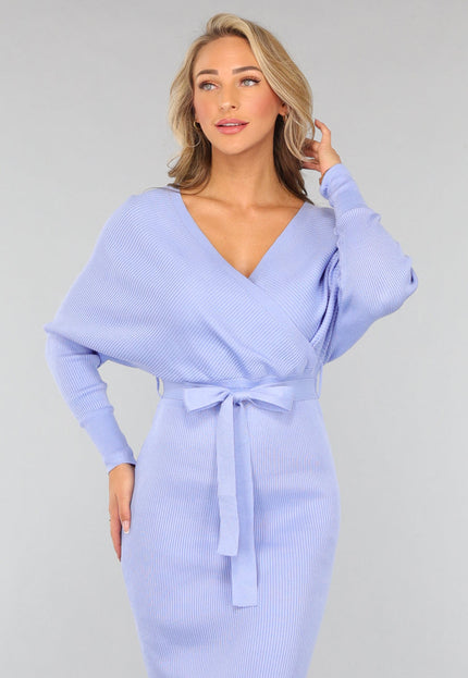 NEW2509 Lichtblauwe Ribstof Overslag Jurk met Ceintuur