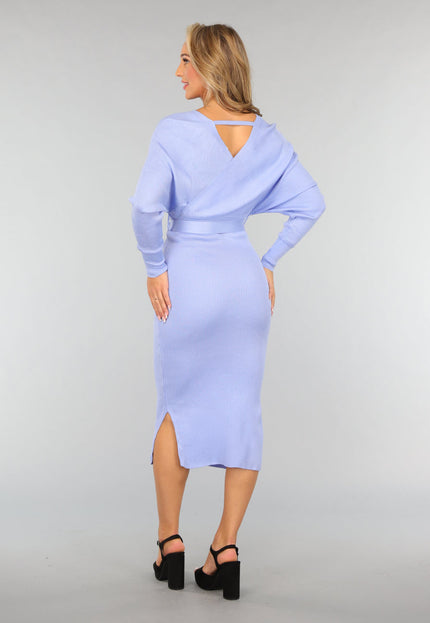 NEW2509 Lichtblauwe Ribstof Overslag Jurk met Ceintuur