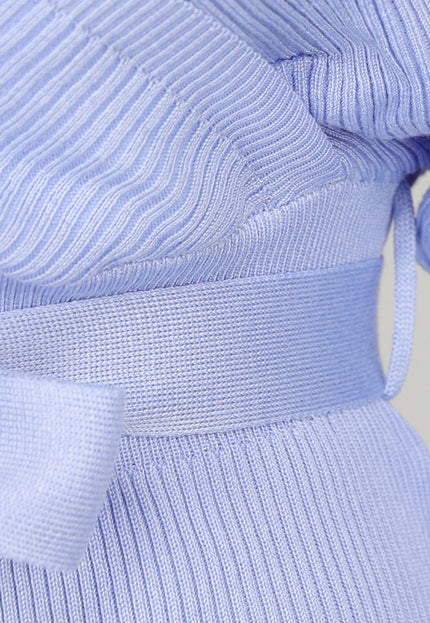 NEW2509 Lichtblauwe Ribstof Overslag Jurk met Ceintuur