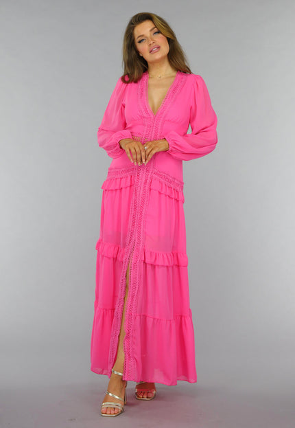 NEW2509 Roze Longsleeve Boho Jurk met Ruches