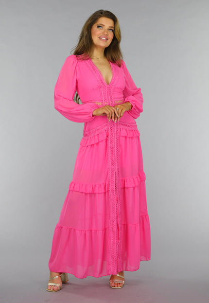 NEW2509 Roze Longsleeve Boho Jurk met Ruches