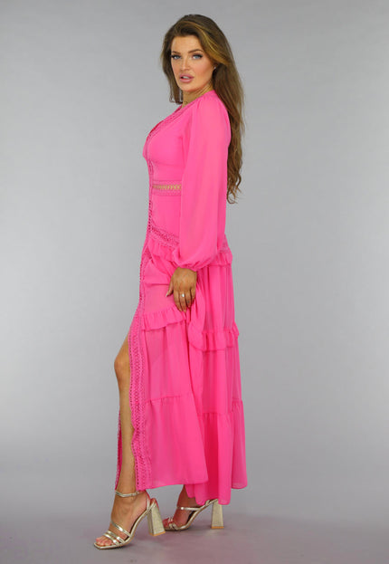 NEW2509 Roze Longsleeve Boho Jurk met Ruches