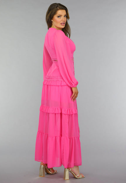 NEW2509 Roze Longsleeve Boho Jurk met Ruches