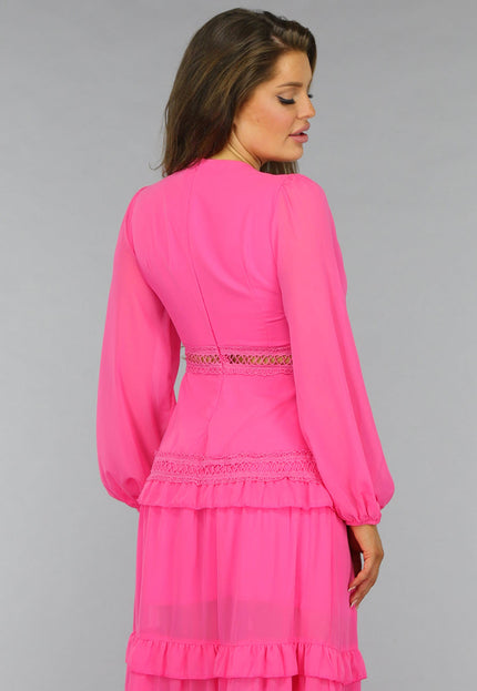 NEW2509 Roze Longsleeve Boho Jurk met Ruches