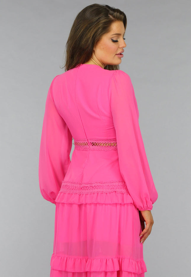 NEW2509 Roze Longsleeve Boho Jurk met Ruches
