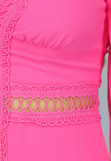 NEW2509 Roze Longsleeve Boho Jurk met Ruches