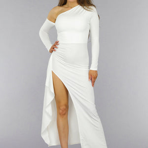 NEW2509 Witte One Shoulder Ruffle Galajurk