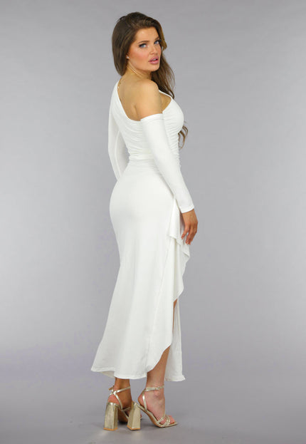 NEW2509 Witte One Shoulder Ruffle Galajurk
