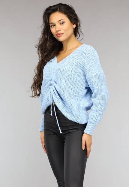 NEW2510 Babyblauwe Gebreide Trui met Geplooid Detail