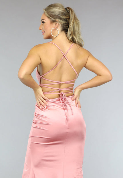 NEW2510 Oudroze Satijnen Galajurk met Split