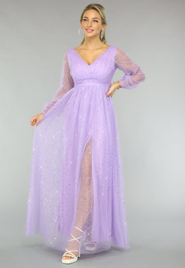 NEW2510 Paarse Glitter Maxi Jurk