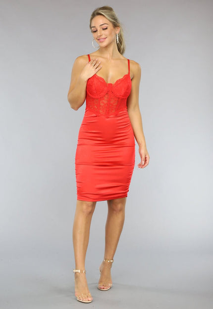 NEW2510 Rode Satin Korset Jurk met Kanten Detail