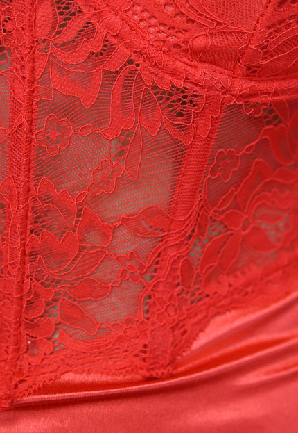 NEW2510 Rode Satin Korset Jurk met Kanten Detail