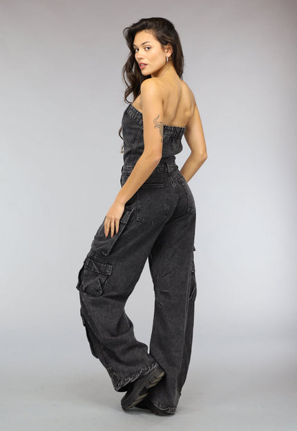NEW2510 Strapless Denim Cargo Jumpsuit
