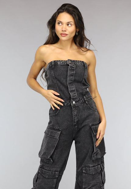 NEW2510 Strapless Denim Cargo Jumpsuit