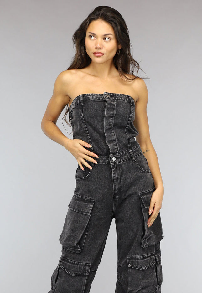 NEW2510 Strapless Denim Cargo Jumpsuit