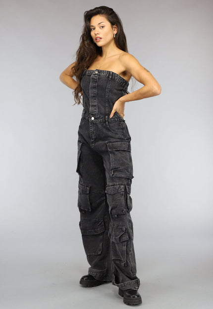 NEW2510 Strapless Denim Cargo Jumpsuit