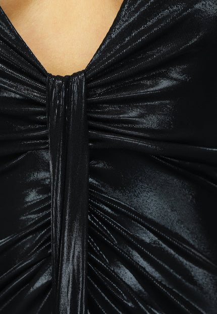 NEW2510 Zwarte Glanzende Longsleeve Jurk met Split