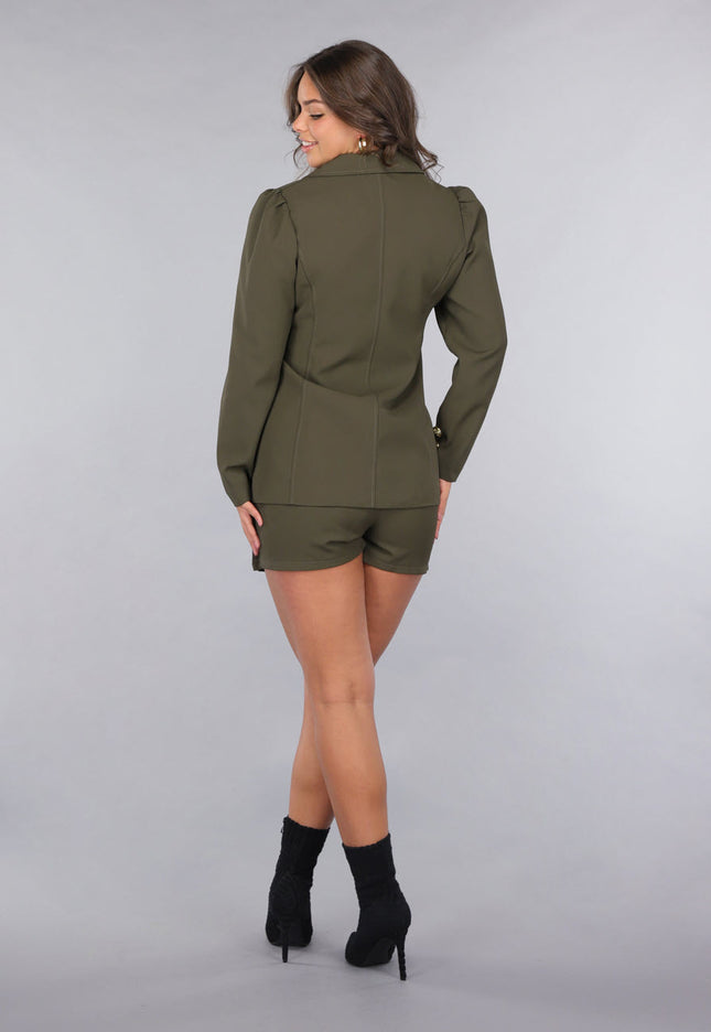 OP=OP.07.NL 2-delige Khaki Blazer Skort Set met Gouden Marine Knopen