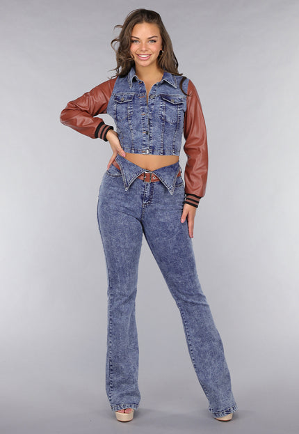 NEW260225 Denim Flared Two Piece met Bruine Lederlook Details
