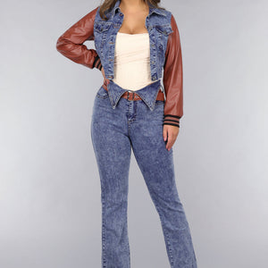 NEW260225 Denim Flared Two Piece met Bruine Lederlook Details