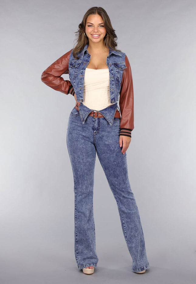 NEW260225 Denim Flared Two Piece met Bruine Lederlook Details