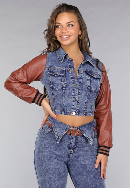 NEW260225 Denim Flared Two Piece met Bruine Lederlook Details