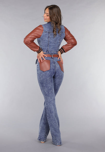 NEW260225 Denim Flared Two Piece met Bruine Lederlook Details