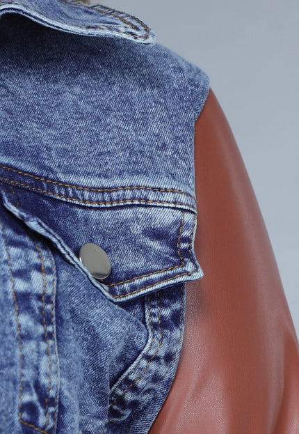 NEW260225 Denim Flared Two Piece met Bruine Lederlook Details