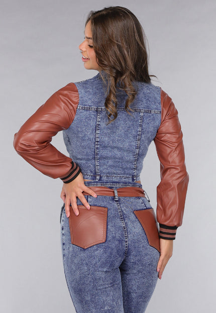 NEW260225 Denim Flared Two Piece met Bruine Lederlook Details