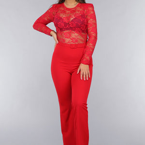OP=OP.AV.12 Rode Lace Stretch Jumpsuit met Rechte Pijpen