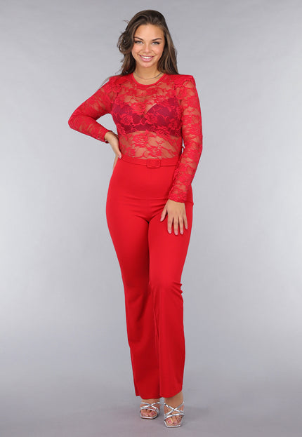 OP=OP.AV.12 Rode Lace Stretch Jumpsuit met Rechte Pijpen