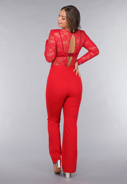 OP=OP.AV.12 Rode Lace Stretch Jumpsuit met Rechte Pijpen