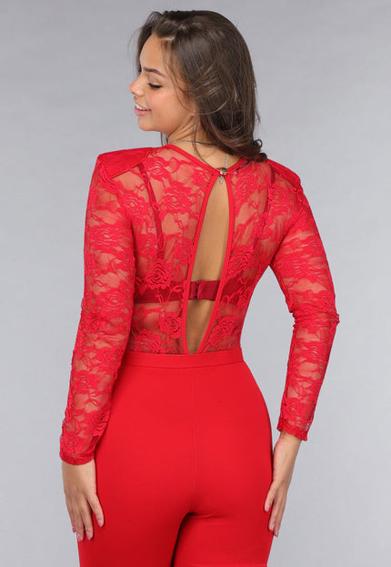 OP=OP.AV.12 Rode Lace Stretch Jumpsuit met Rechte Pijpen