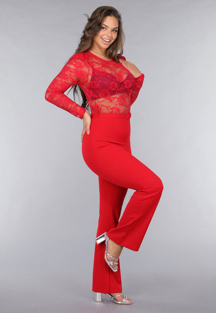 OP=OP.AV.12 Rode Lace Stretch Jumpsuit met Rechte Pijpen